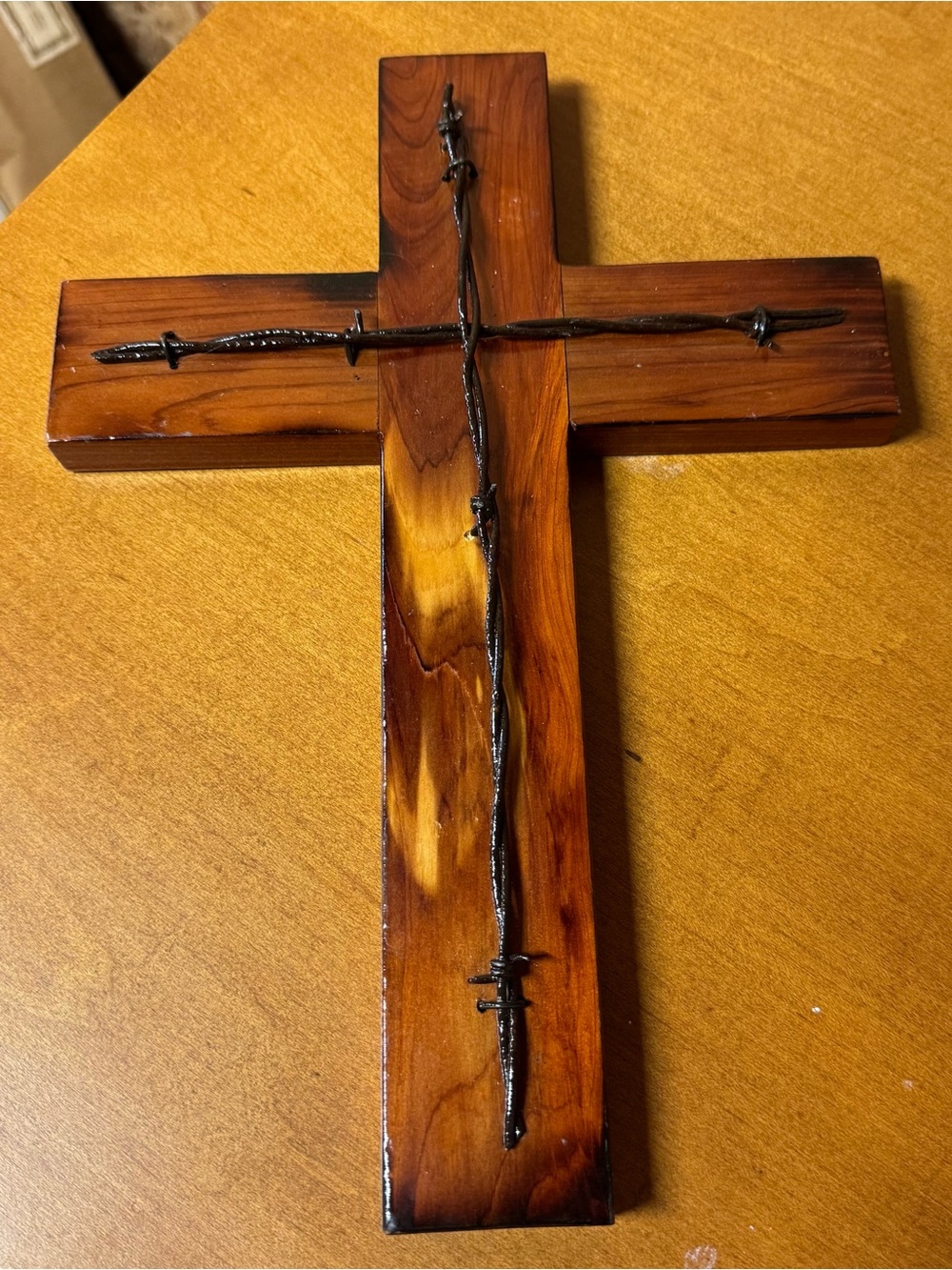 Wooden Wall Cross with Black Barbed Wire Accent - Brown